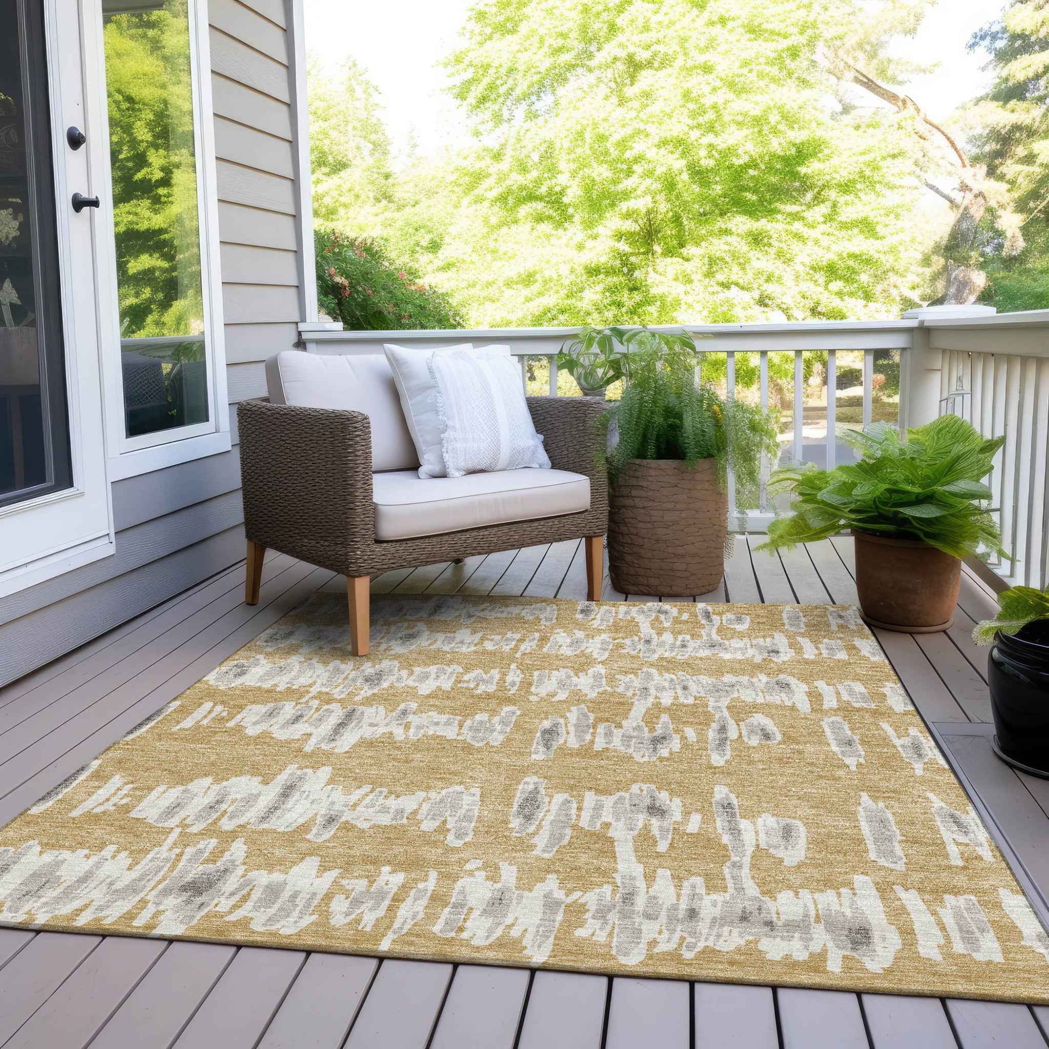 3' X 5' Gold Gray And Ivory Striped Washable Indoor Outdoor Area Rug