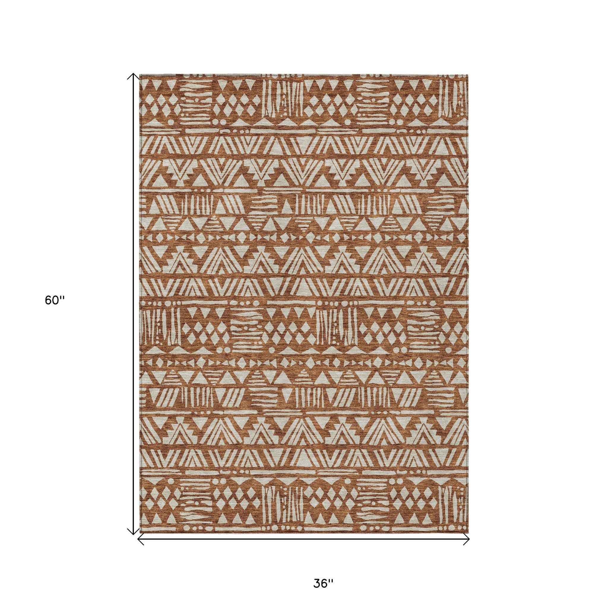 3' X 5' Terra Cotta And Beige Southwestern Washable Indoor Outdoor Area Rug