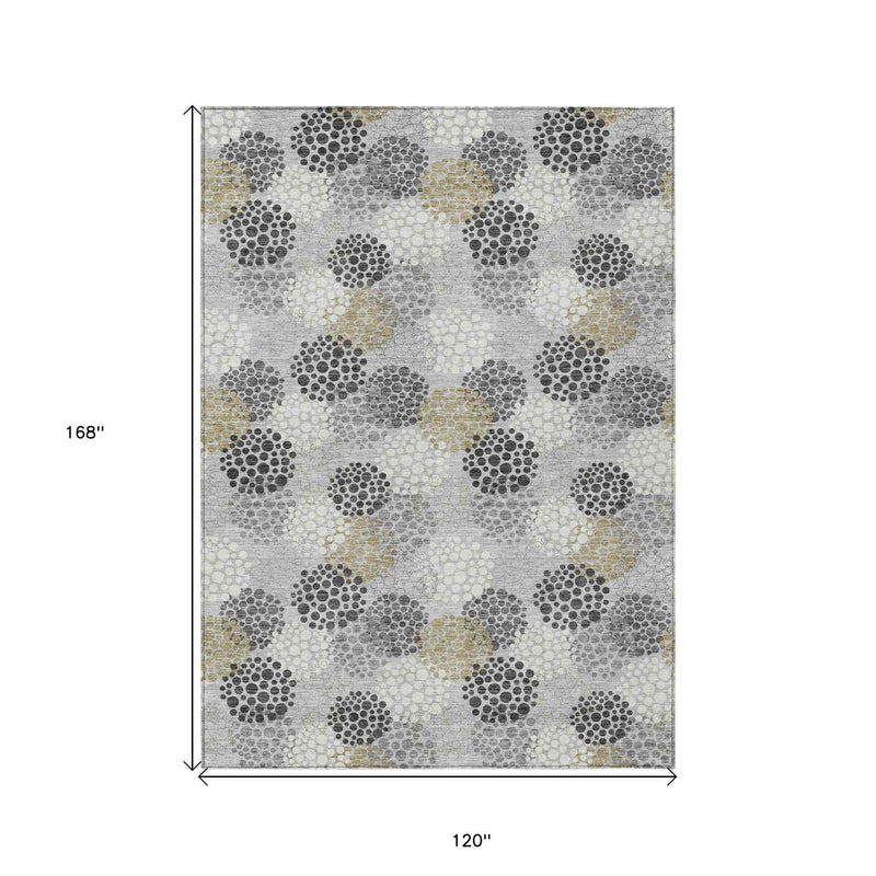 10' X 14' Gray Silver And Ivory Polka Dot Washable Indoor Outdoor Area Rug