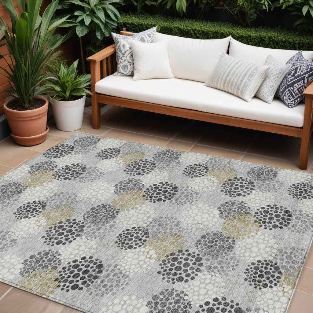 10' X 14' Gray Silver And Ivory Polka Dot Washable Indoor Outdoor Area Rug