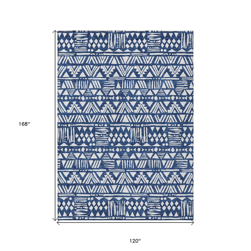 10' X 14' Navy Blue And Ivory Southwestern Washable Indoor Outdoor Area Rug