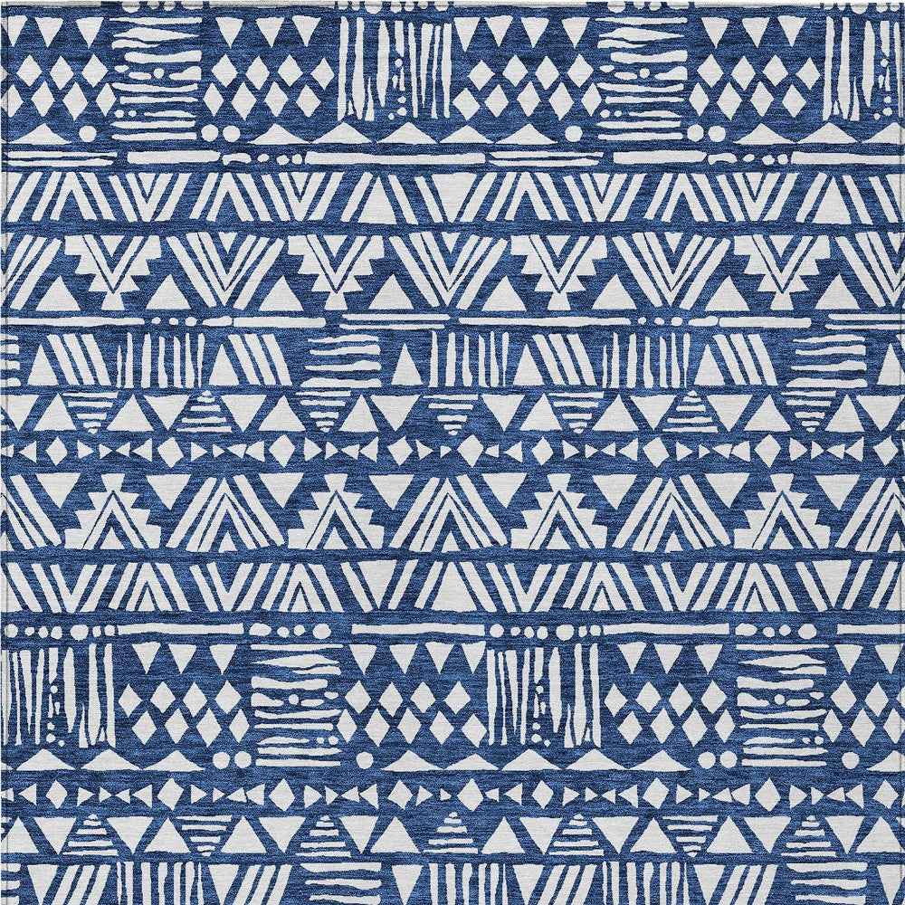 10' X 14' Navy Blue And Ivory Southwestern Washable Indoor Outdoor Area Rug