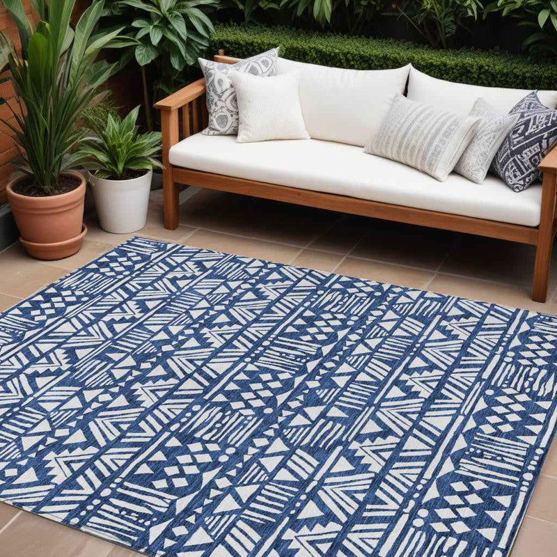 10' X 14' Navy Blue And Ivory Southwestern Washable Indoor Outdoor Area Rug