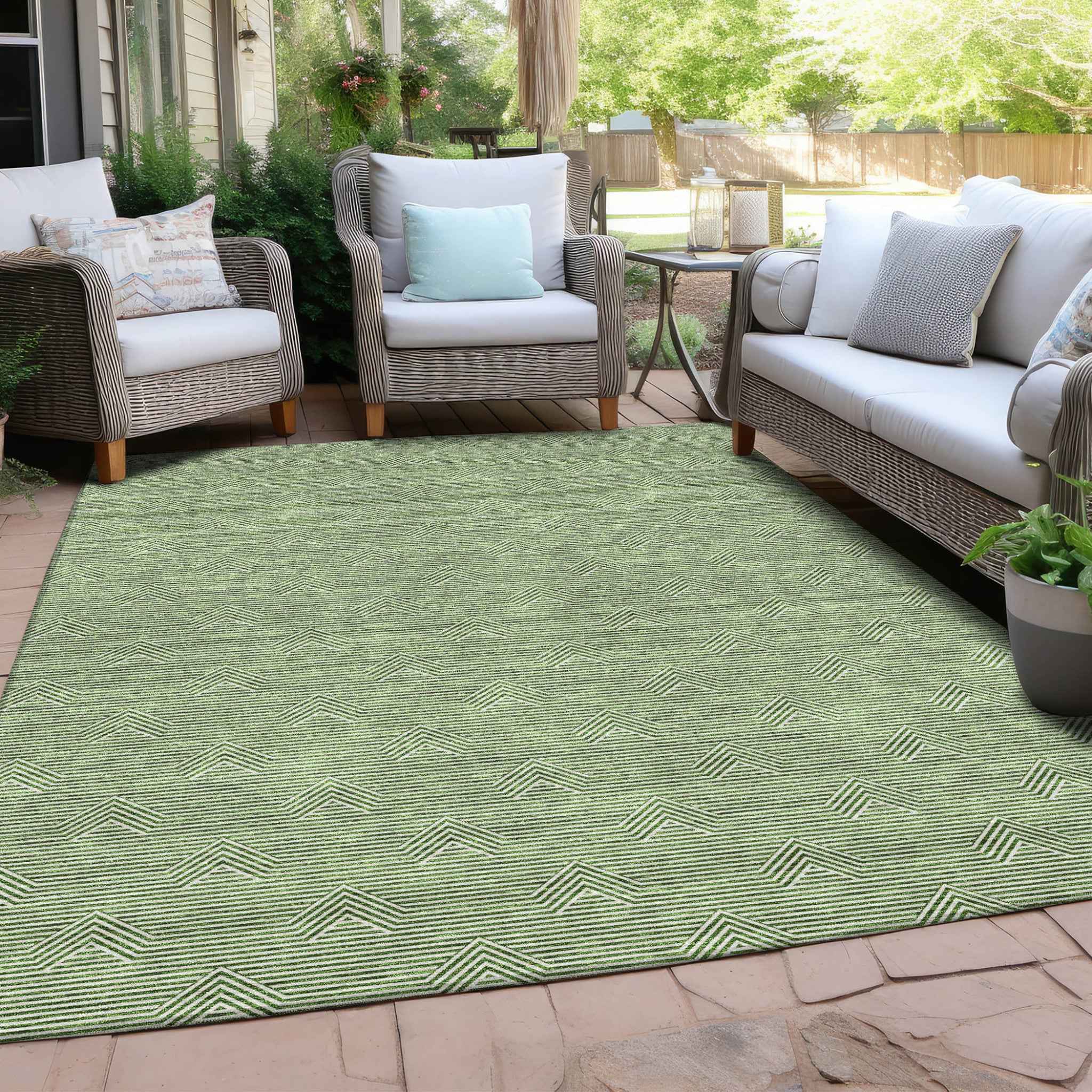 5' X 8' Green And Beige Geometric Washable Indoor Outdoor Area Rug