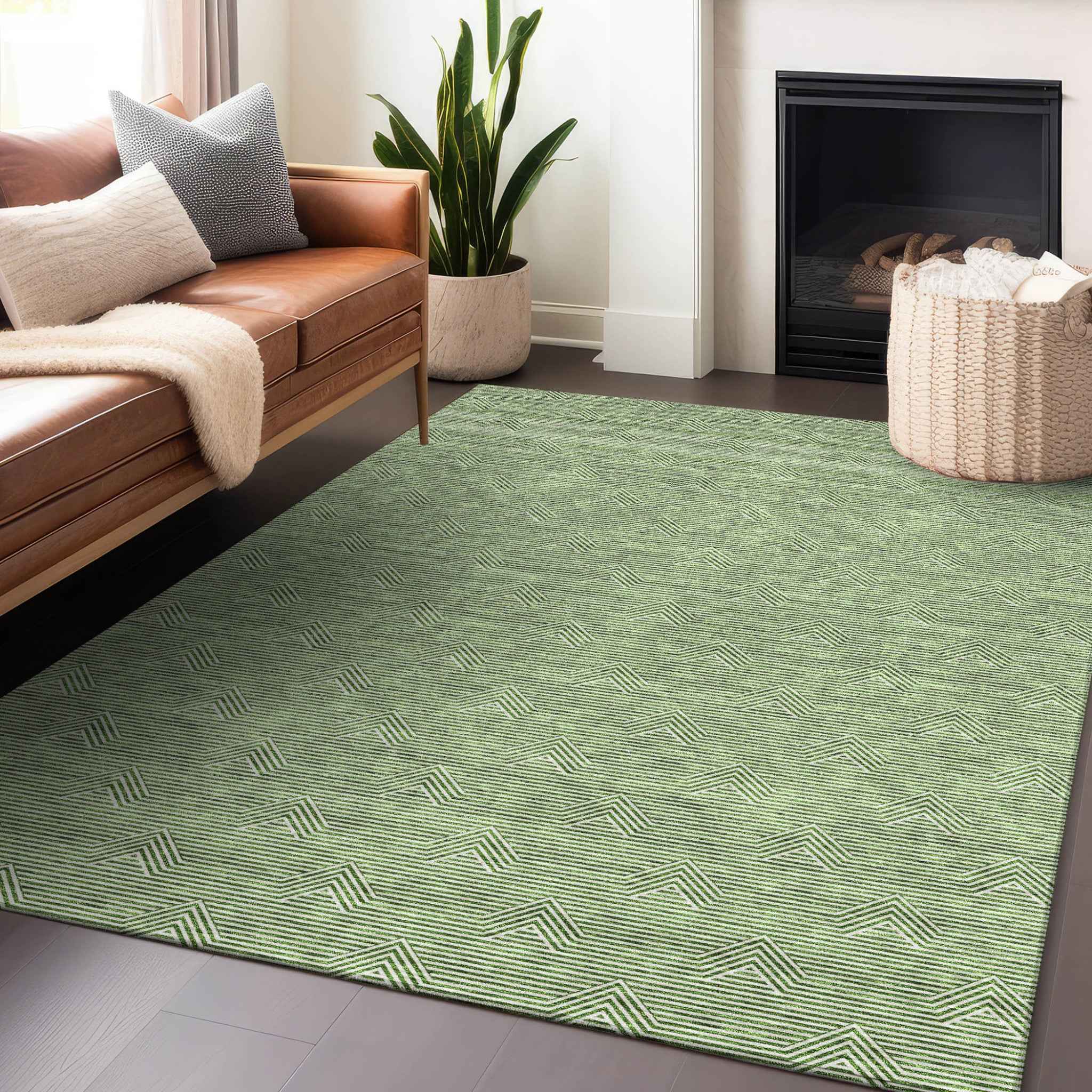 5' X 8' Green And Beige Geometric Washable Indoor Outdoor Area Rug