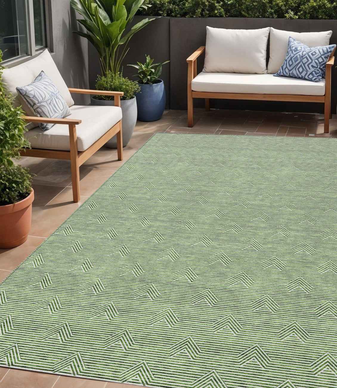 5' X 8' Green And Beige Geometric Washable Indoor Outdoor Area Rug