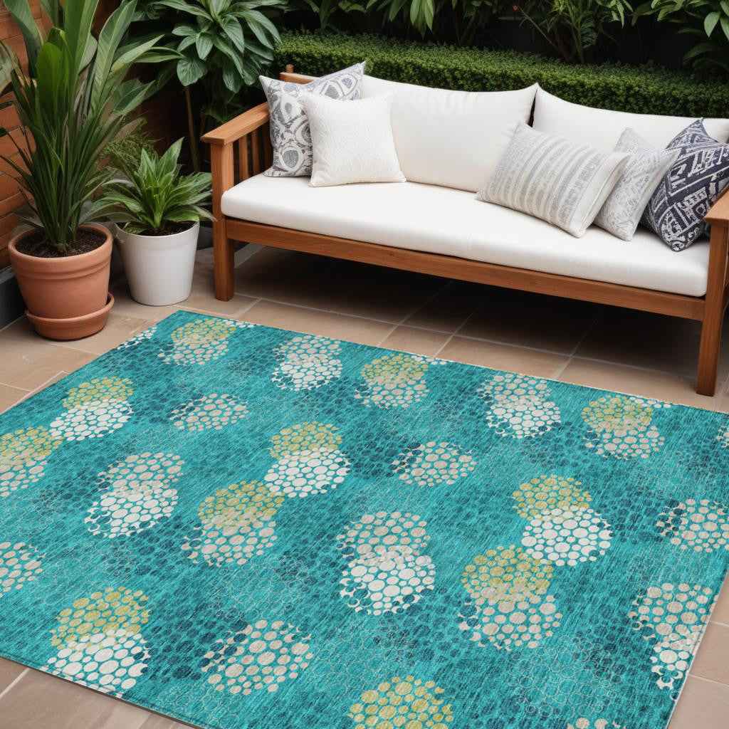 9' X 12' Emerald Gray And Ivory Polka Dot Washable Indoor Outdoor Area Rug