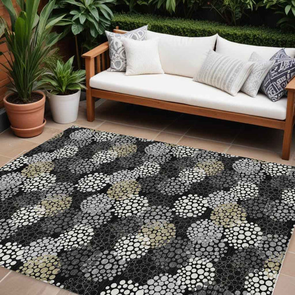 9' X 12' Black Gray And Ivory Polka Dot Washable Indoor Outdoor Area Rug