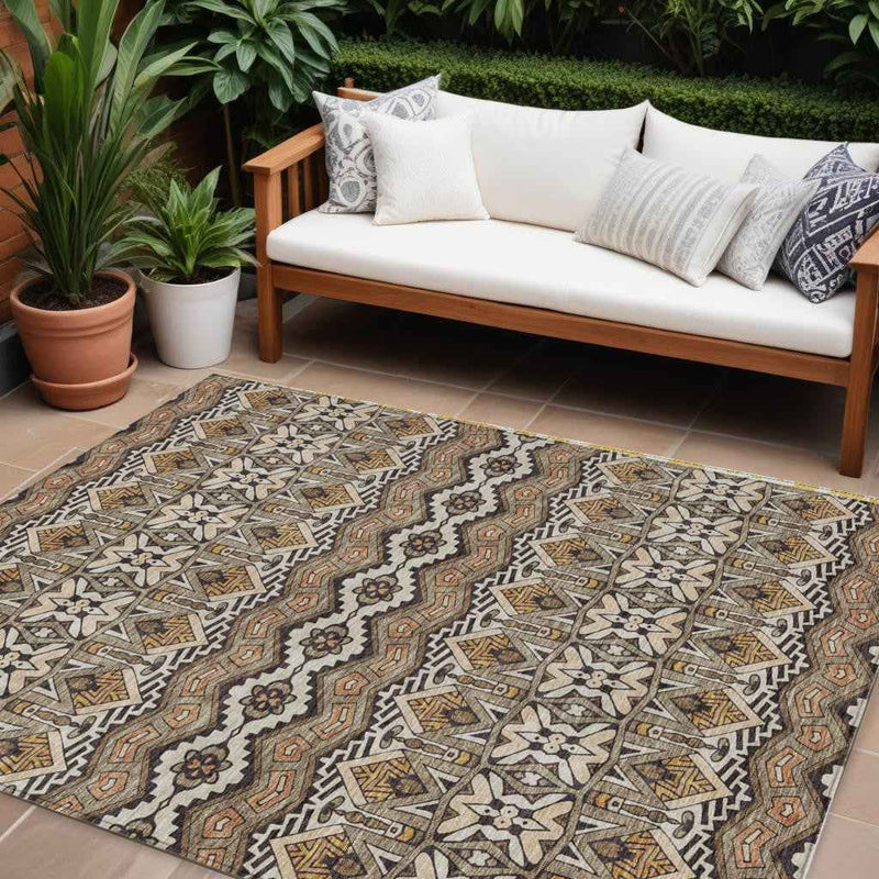 10' X 14' Taupe Brown And Ivory Moroccan Washable Indoor Outdoor Area Rug