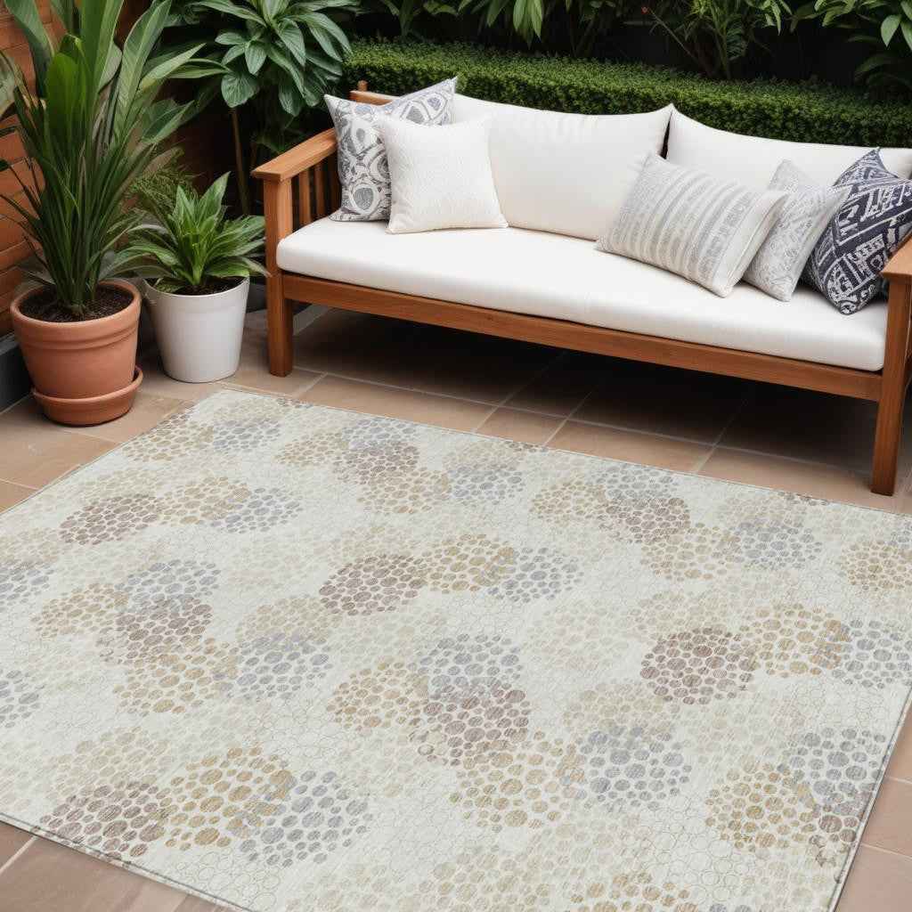 10' X 14' Ivory Brown And Gray Polka Dot Washable Indoor Outdoor Area Rug
