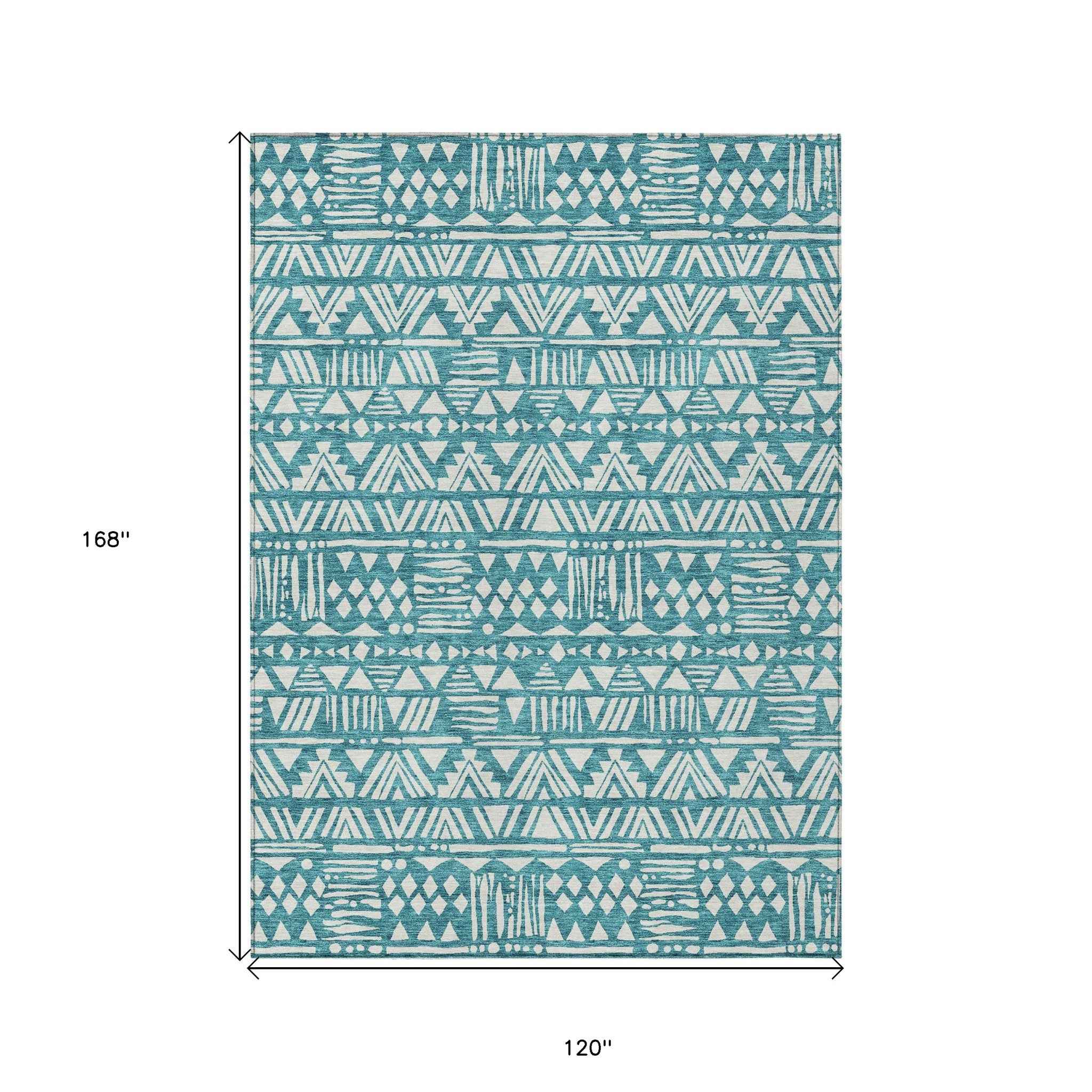 10' X 14' Teal Blue And Ivory Southwestern Washable Indoor Outdoor Area Rug