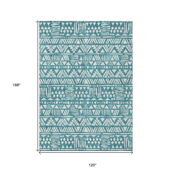 10' X 14' Teal Blue And Ivory Southwestern Washable Indoor Outdoor Area Rug
