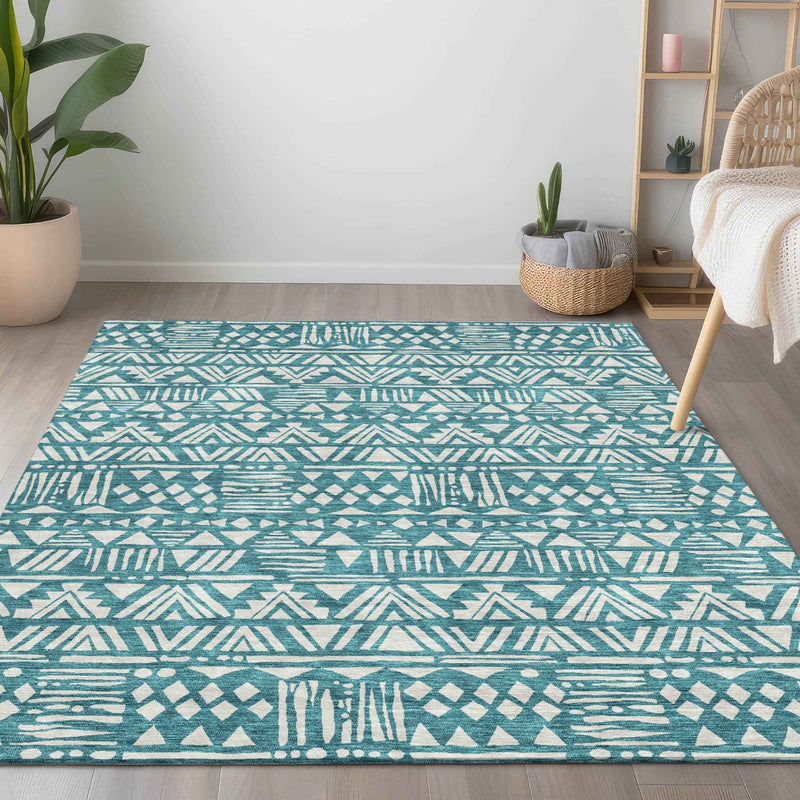 10' X 14' Teal Blue And Ivory Southwestern Washable Indoor Outdoor Area Rug