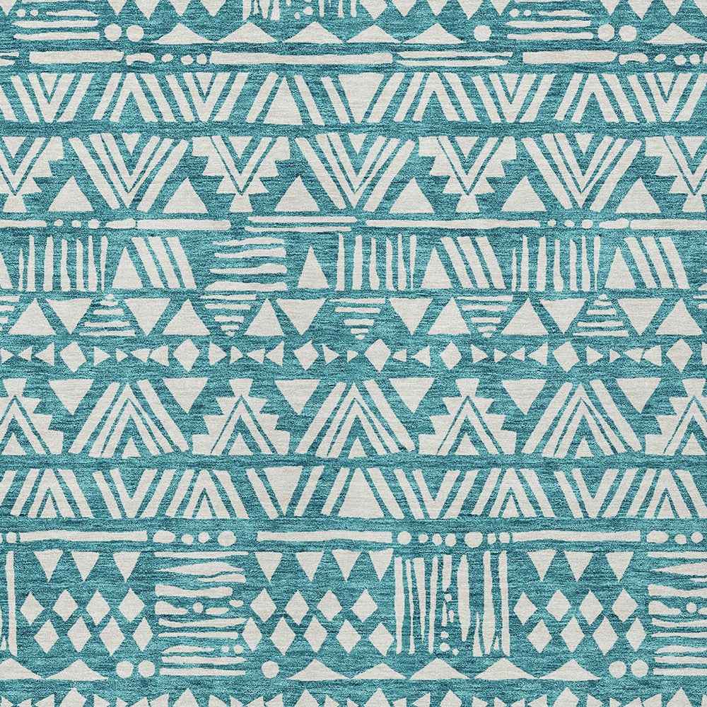 10' X 14' Teal Blue And Ivory Southwestern Washable Indoor Outdoor Area Rug