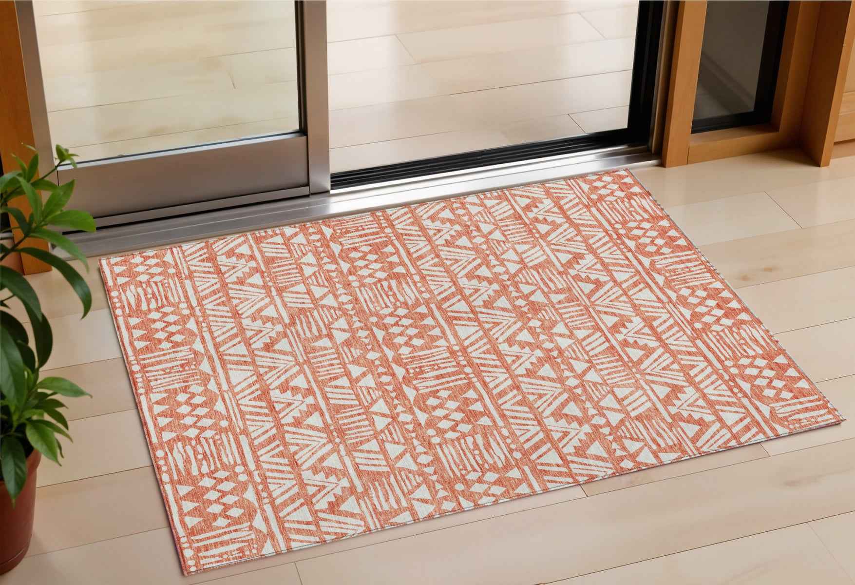 3' X 5' Coral And Ivory Southwestern Washable Indoor Outdoor Area Rug
