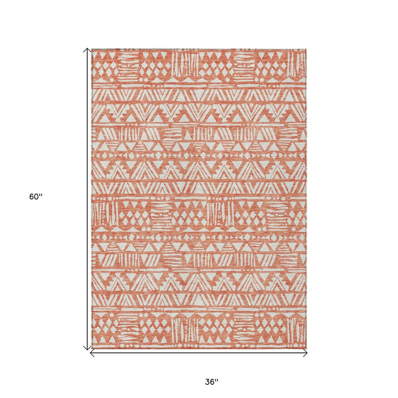 3' X 5' Coral And Ivory Southwestern Washable Indoor Outdoor Area Rug
