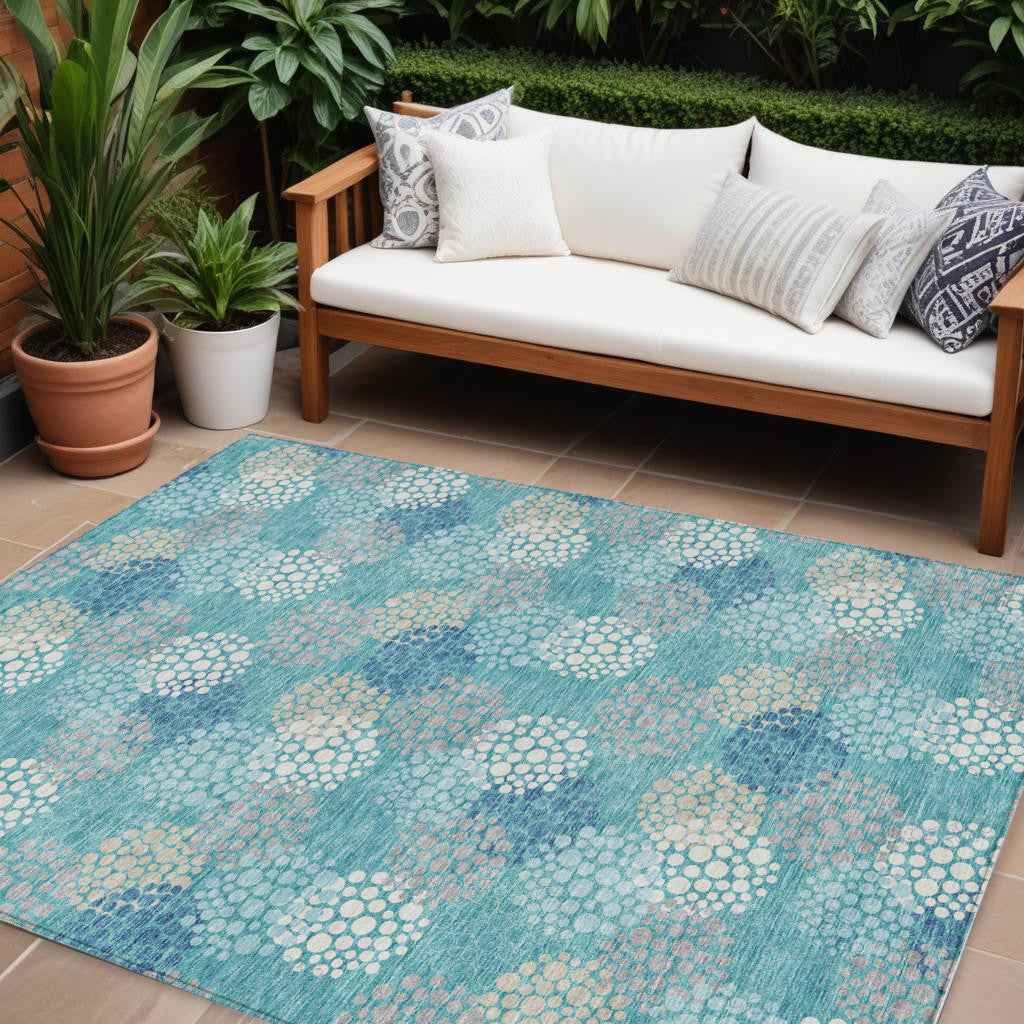 10' X 14' Teal Blue Gray And Ivory Polka Dot Washable Indoor Outdoor Area Rug