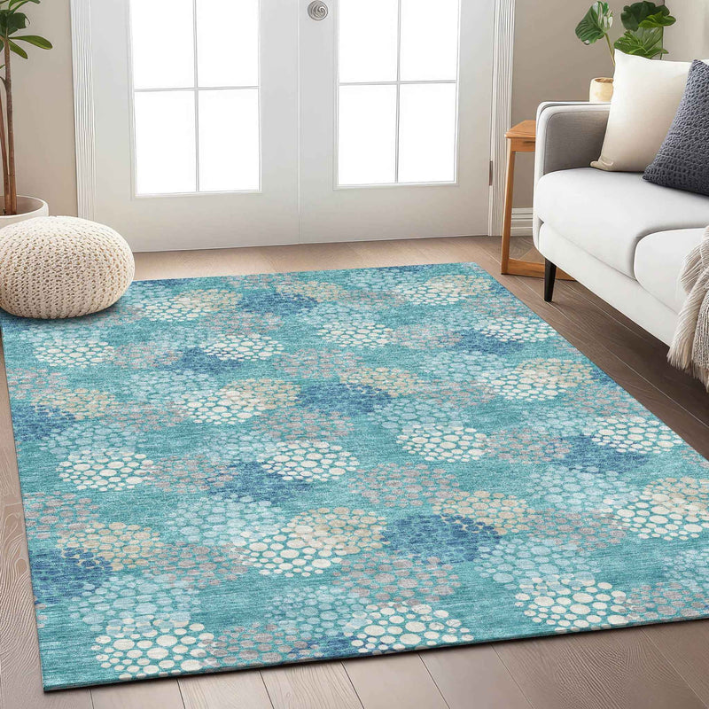 10' X 14' Teal Blue Gray And Ivory Polka Dot Washable Indoor Outdoor Area Rug