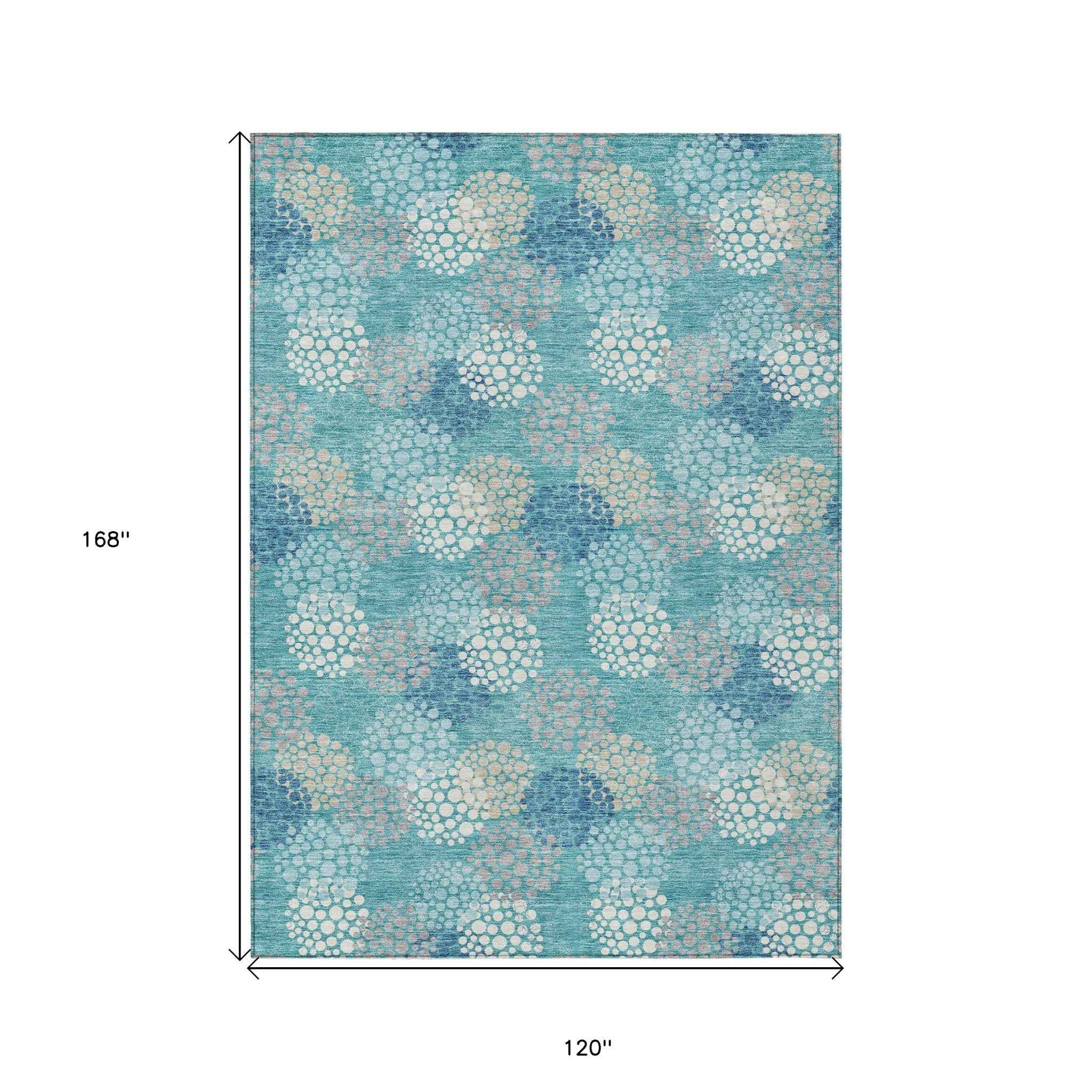 10' X 14' Teal Blue Gray And Ivory Polka Dot Washable Indoor Outdoor Area Rug