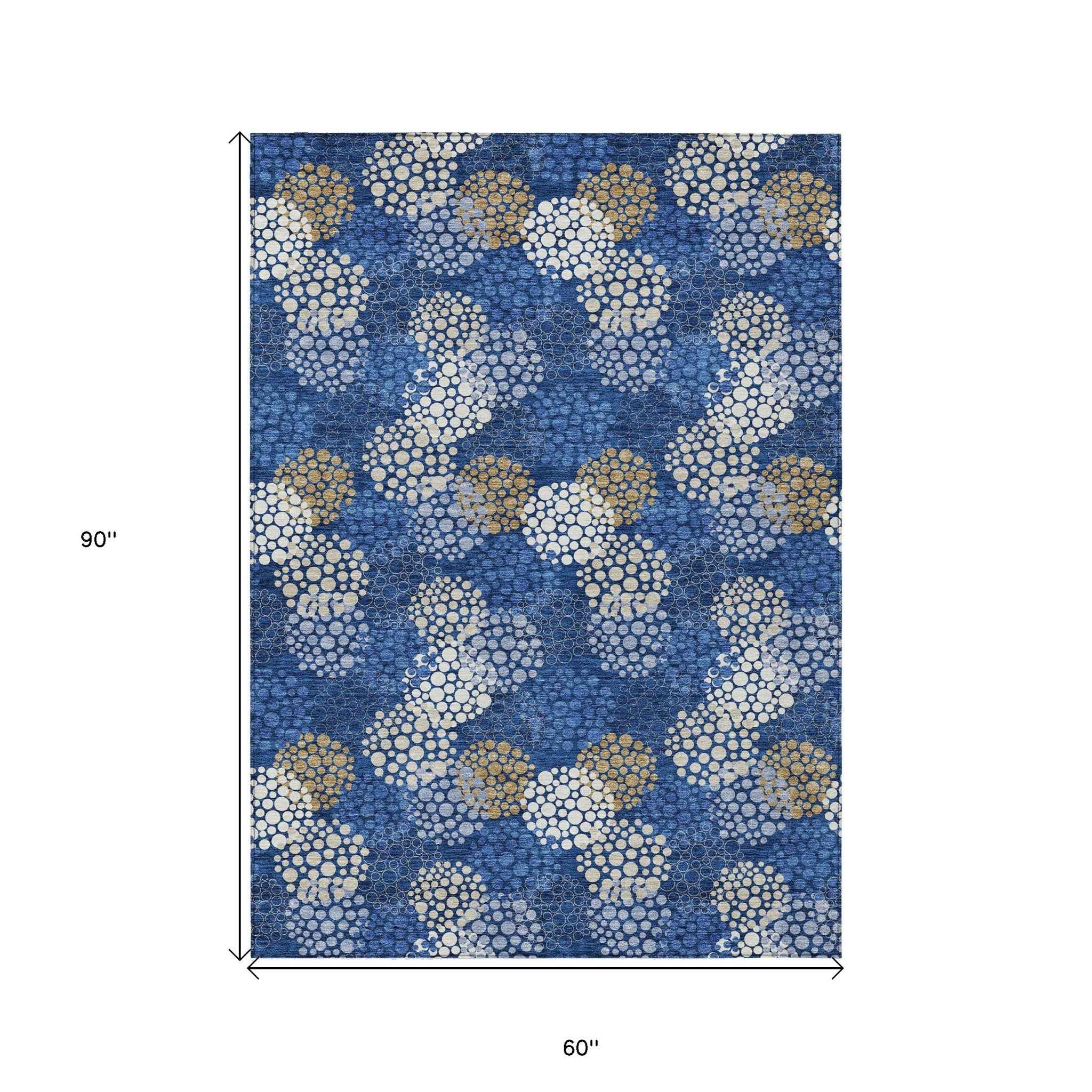 5' X 8' Navy Blue Brown And Ivory Polka Dot Washable Indoor Outdoor Area Rug