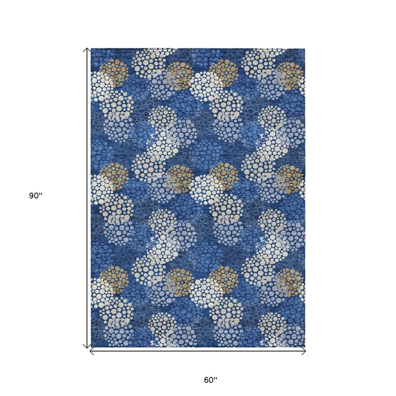 5' X 8' Navy Blue Brown And Ivory Polka Dot Washable Indoor Outdoor Area Rug