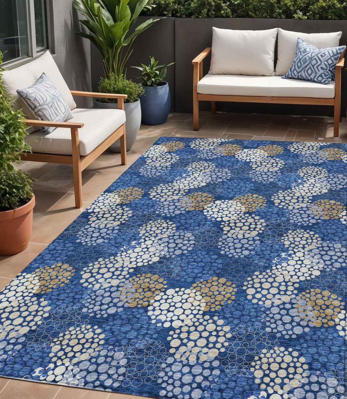 5' X 8' Navy Blue Brown And Ivory Polka Dot Washable Indoor Outdoor Area Rug
