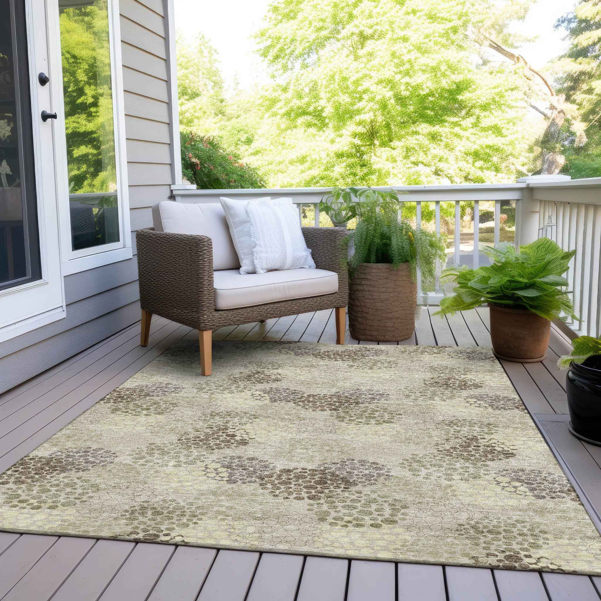 8' X 10' Beige Green And Ivory Polka Dot Washable Indoor Outdoor Area Rug