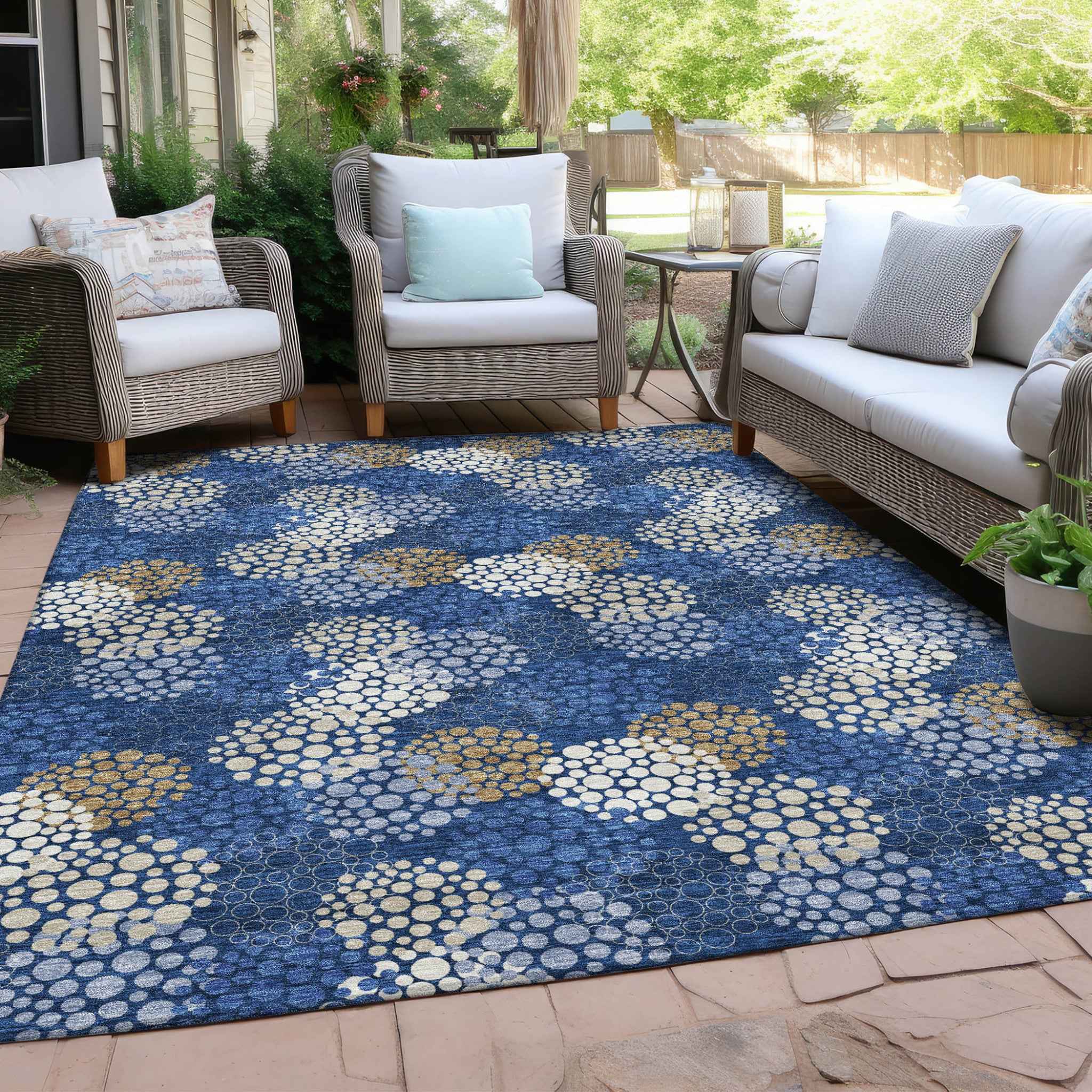 5' X 8' Navy Blue Brown And Ivory Polka Dot Washable Indoor Outdoor Area Rug