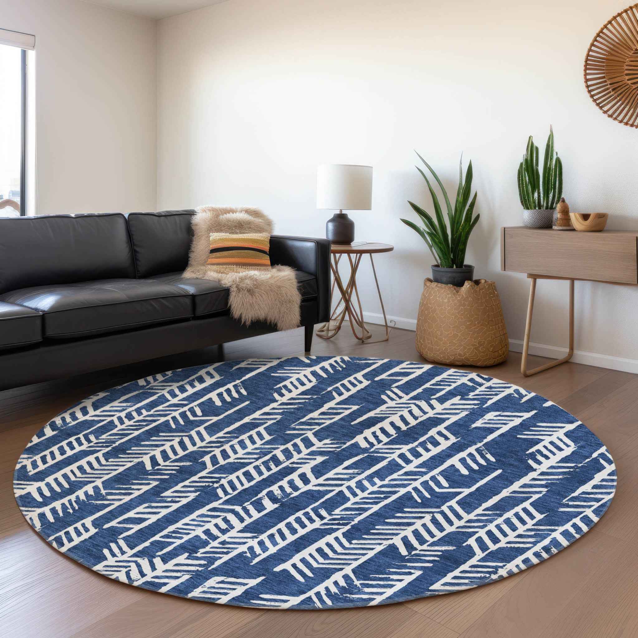 8' Navy Blue And Ivory Round Tribal Washable Indoor Outdoor Area Rug