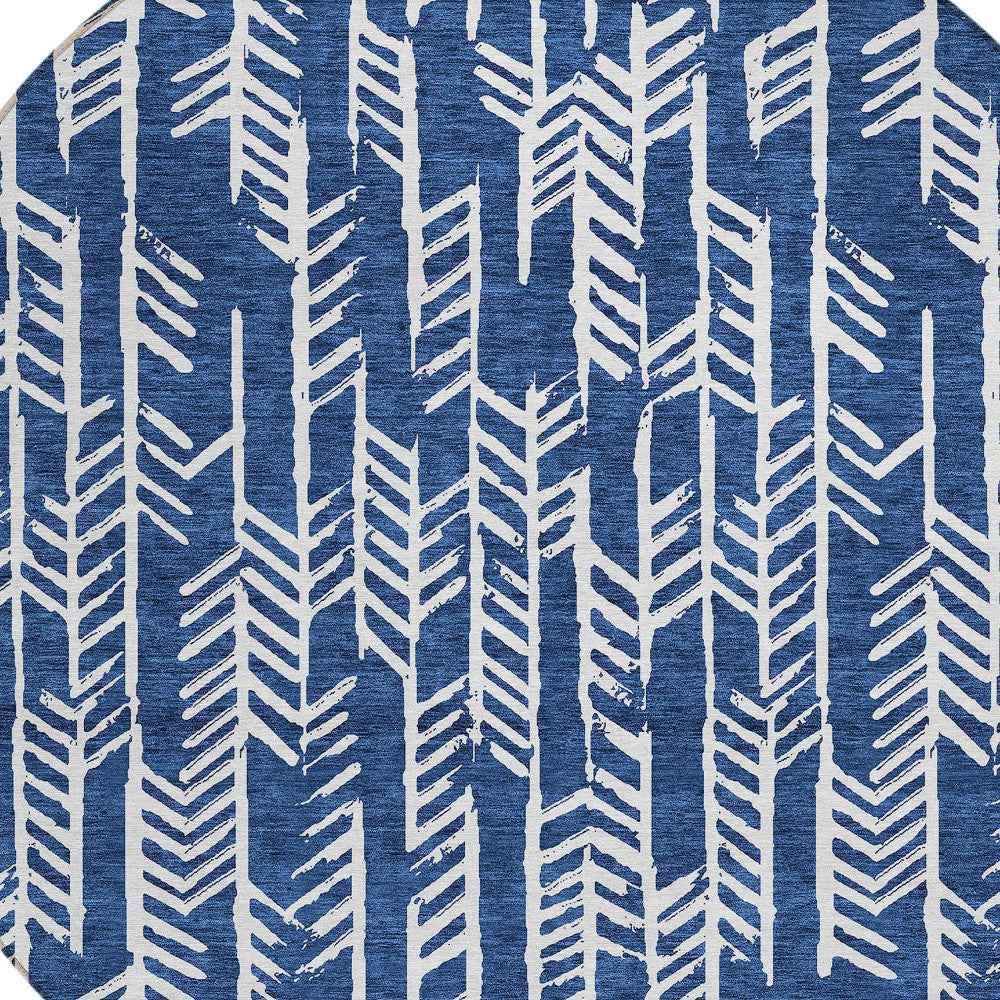 8' Navy Blue And Ivory Round Tribal Washable Indoor Outdoor Area Rug