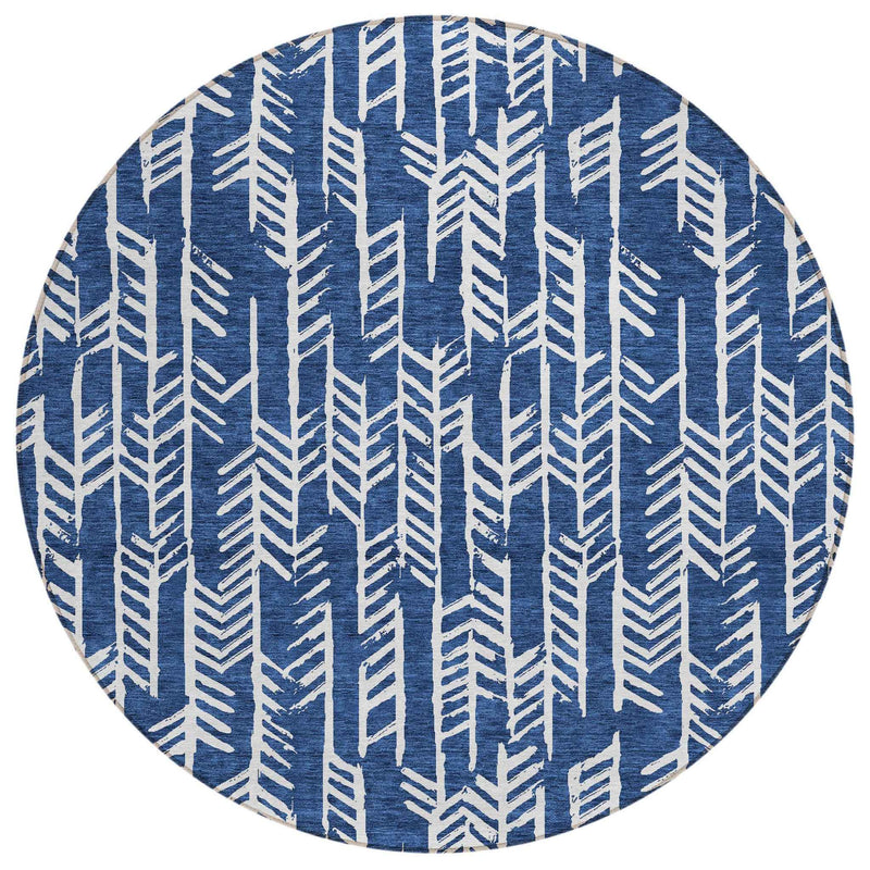 8' Navy Blue And Ivory Round Tribal Washable Indoor Outdoor Area Rug