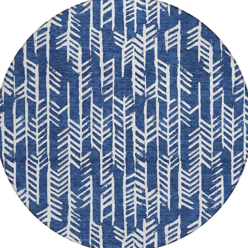 8' Navy Blue And Ivory Round Tribal Washable Indoor Outdoor Area Rug