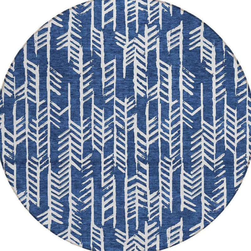 8' Navy Blue And Ivory Round Tribal Washable Indoor Outdoor Area Rug
