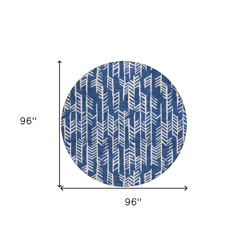 8' Navy Blue And Ivory Round Tribal Washable Indoor Outdoor Area Rug