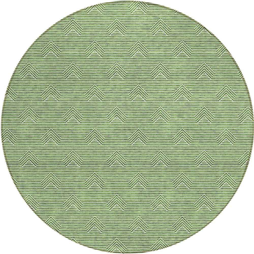 8' Green And Beige Round Geometric Washable Indoor Outdoor Area Rug