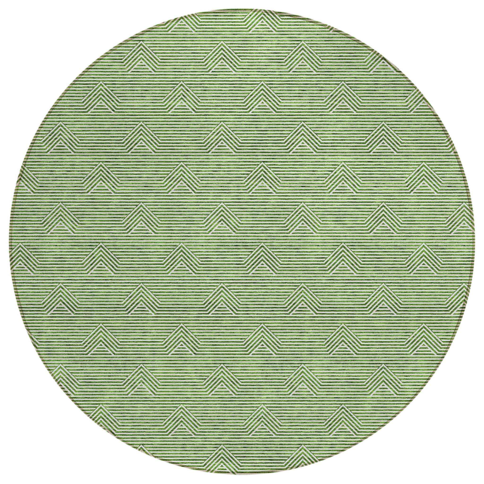 8' Green And Beige Round Geometric Washable Indoor Outdoor Area Rug
