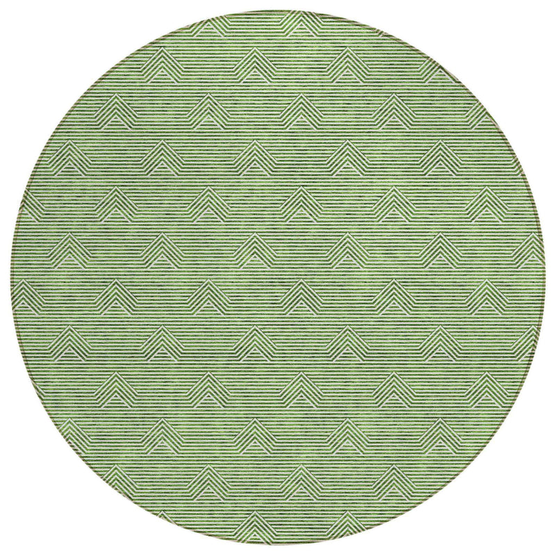 8' Green And Beige Round Geometric Washable Indoor Outdoor Area Rug