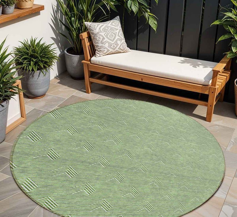 8' Green And Beige Round Geometric Washable Indoor Outdoor Area Rug