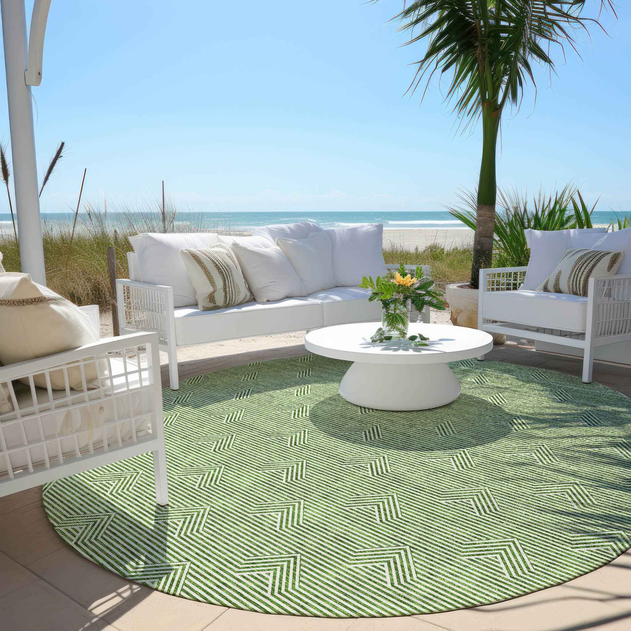 8' Green And Beige Round Geometric Washable Indoor Outdoor Area Rug