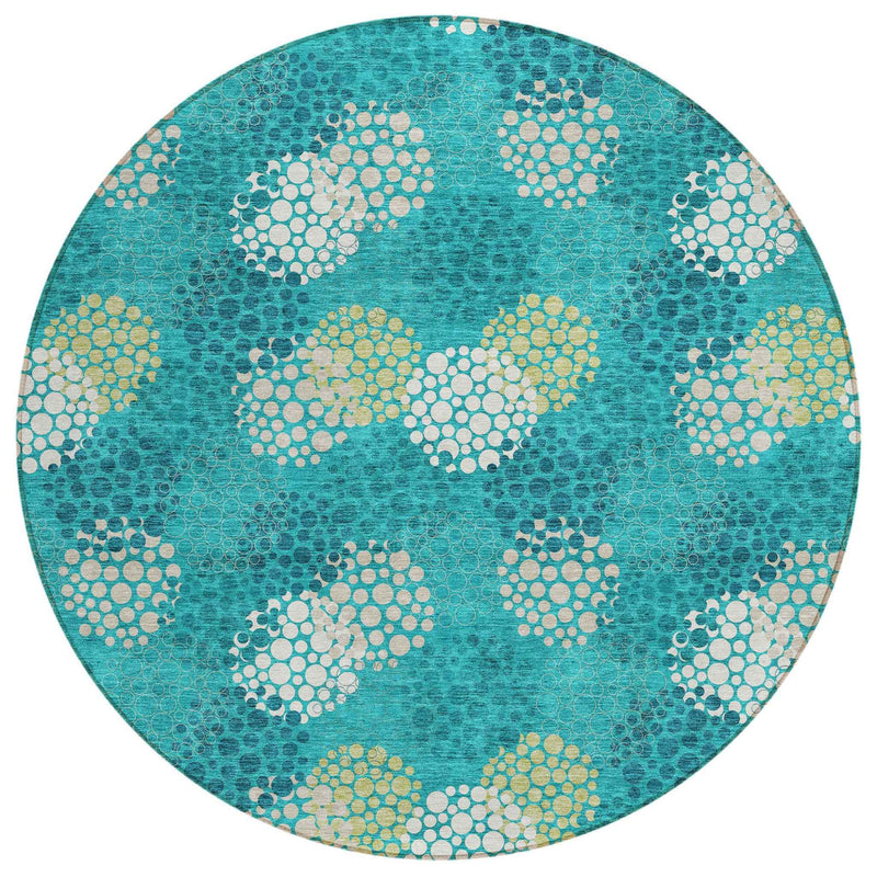 8' Emerald Gray And Ivory Round Polka Dot Washable Indoor Outdoor Area Rug