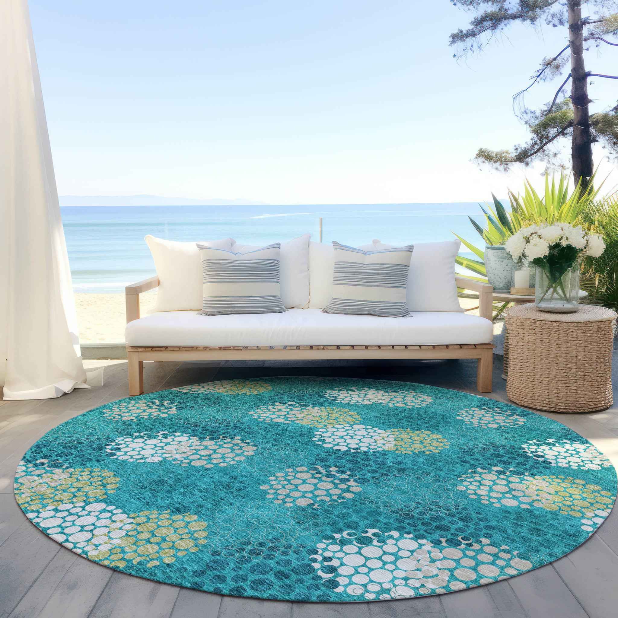 8' Emerald Gray And Ivory Round Polka Dot Washable Indoor Outdoor Area Rug