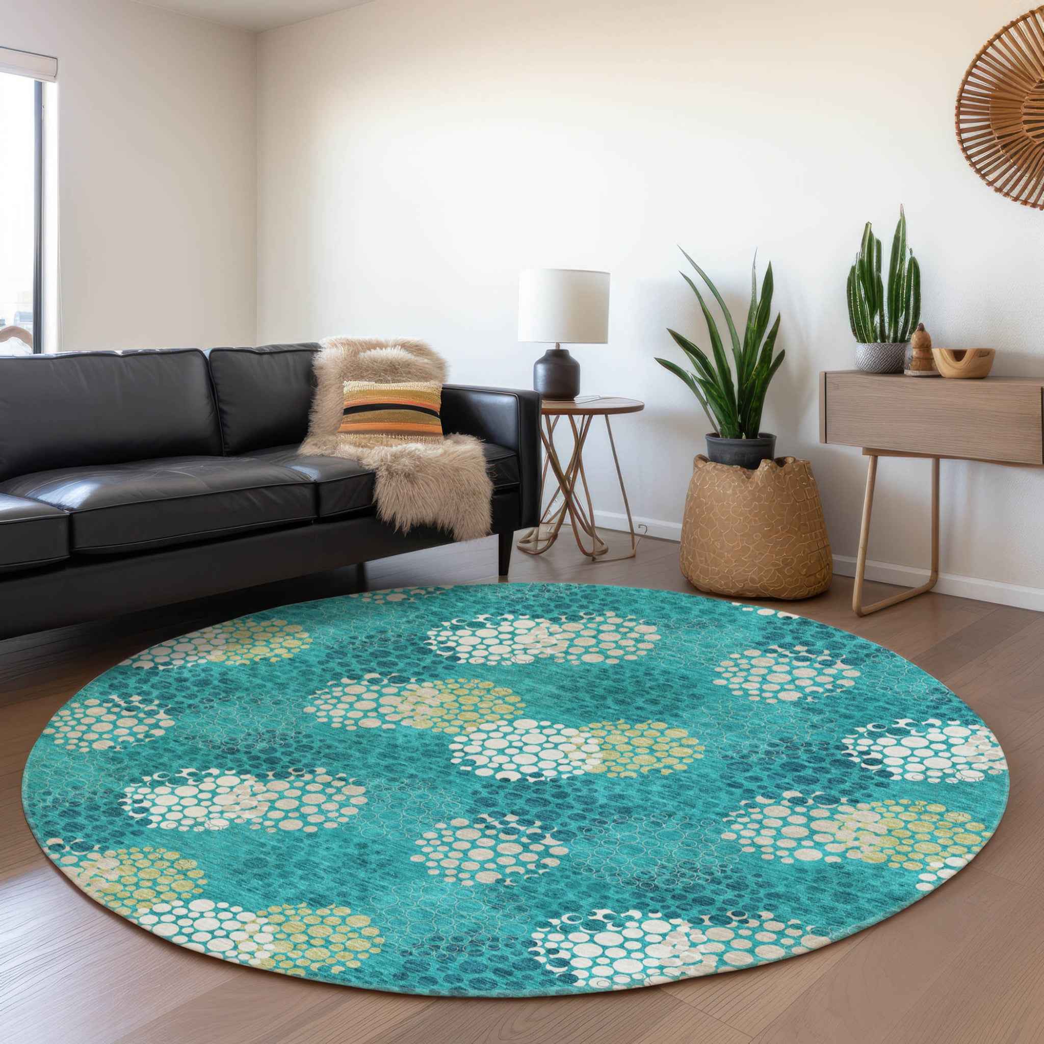 8' Emerald Gray And Ivory Round Polka Dot Washable Indoor Outdoor Area Rug