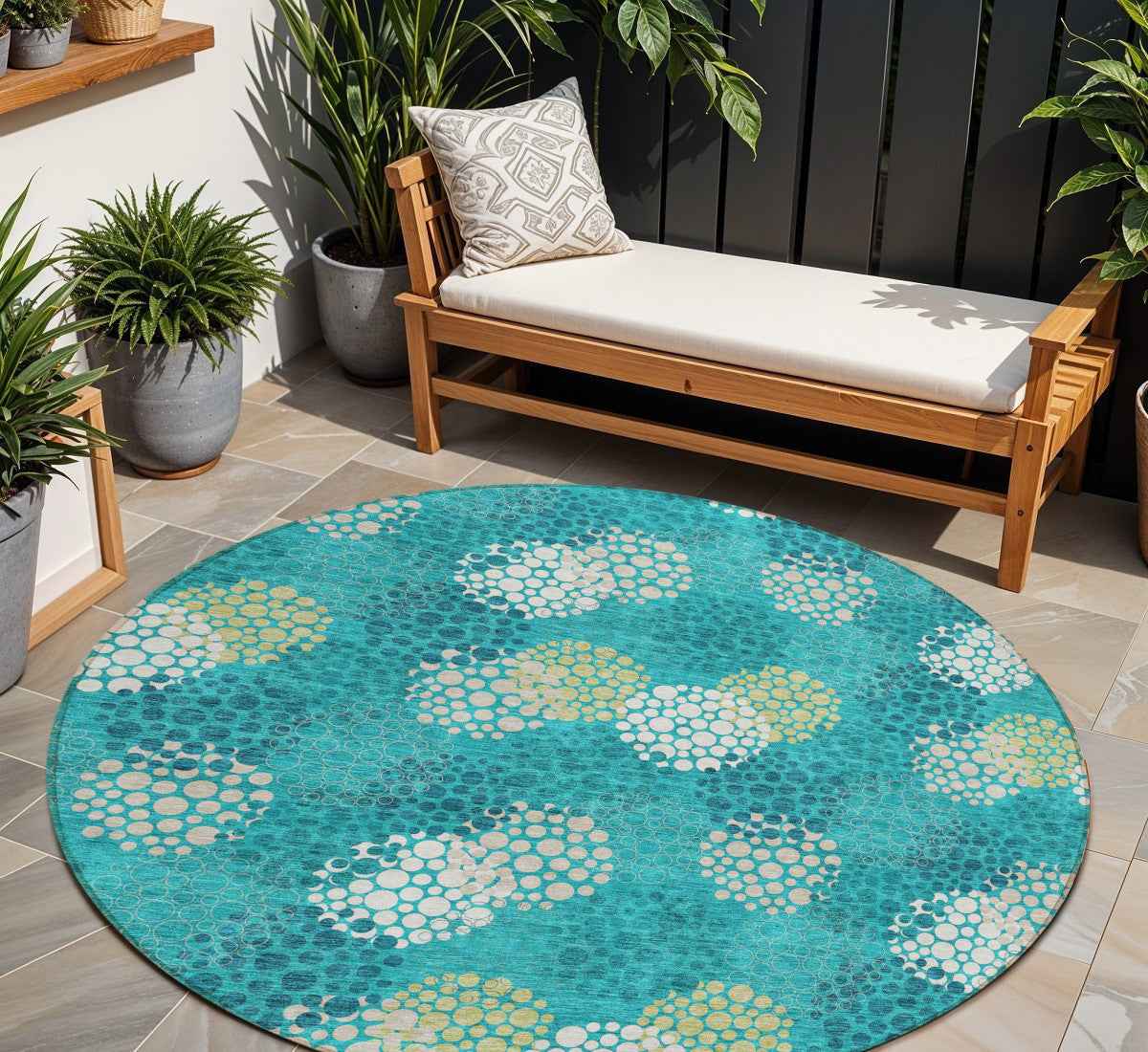 8' Emerald Gray And Ivory Round Polka Dot Washable Indoor Outdoor Area Rug