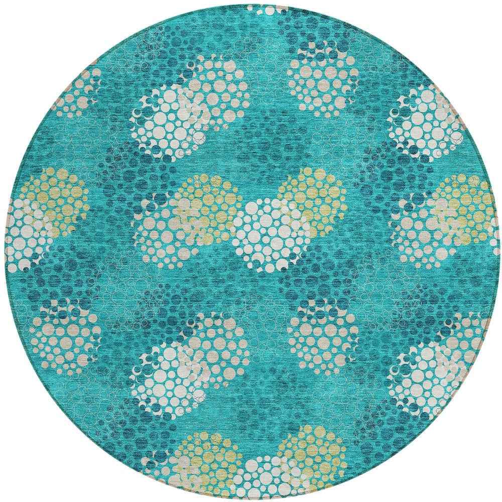 8' Emerald Gray And Ivory Round Polka Dot Washable Indoor Outdoor Area Rug