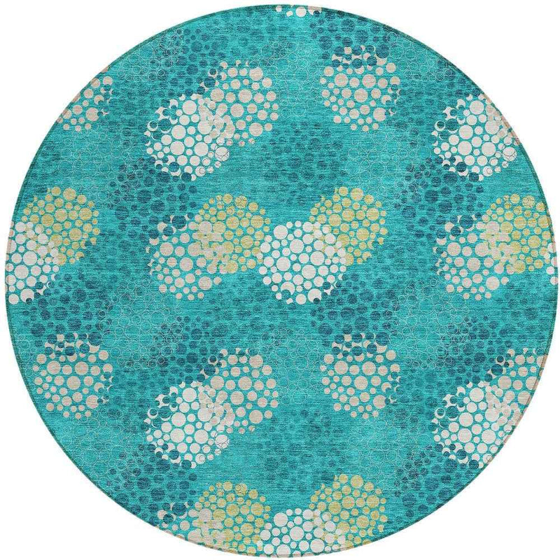8' Emerald Gray And Ivory Round Polka Dot Washable Indoor Outdoor Area Rug