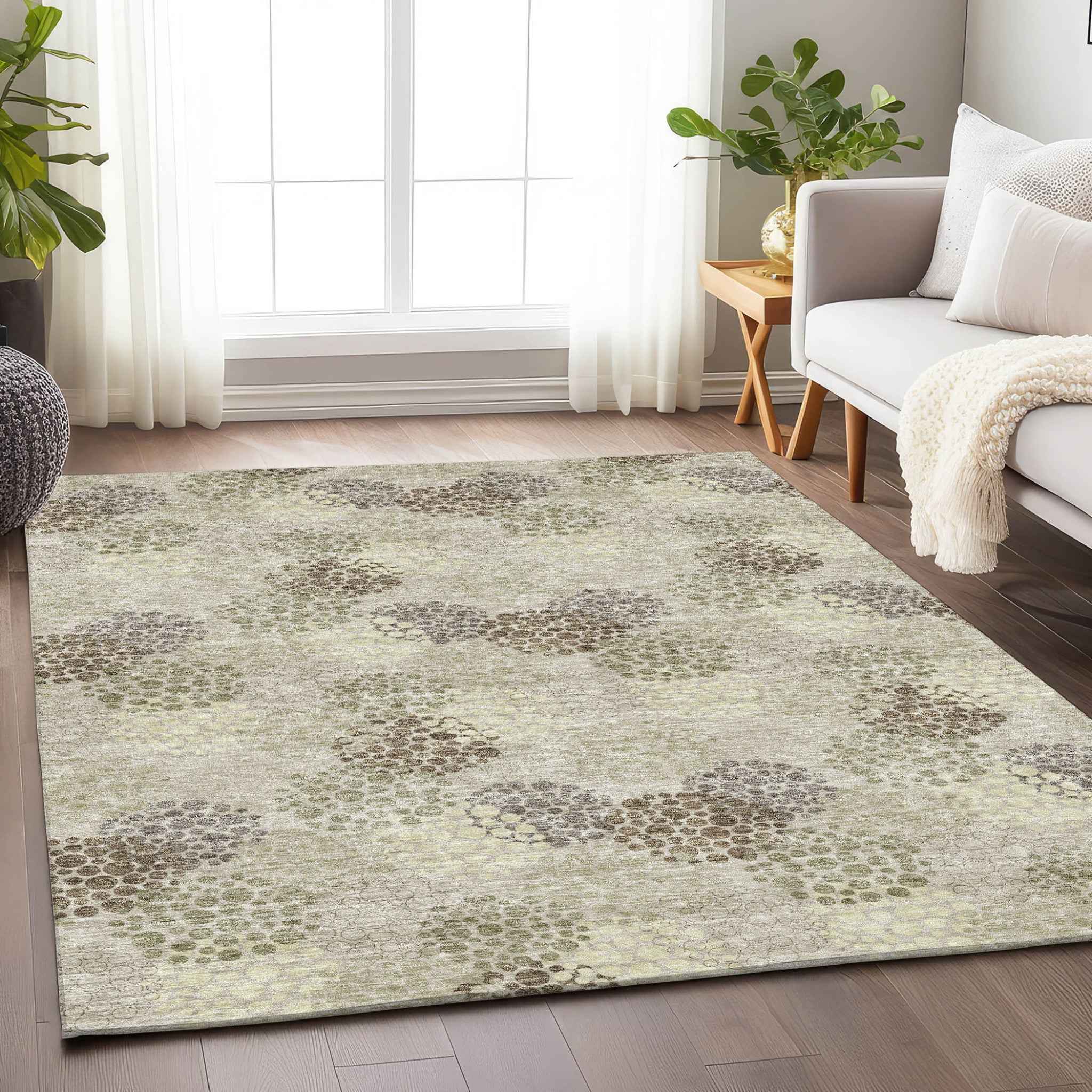 5' X 8' Beige Green And Ivory Polka Dot Washable Indoor Outdoor Area Rug