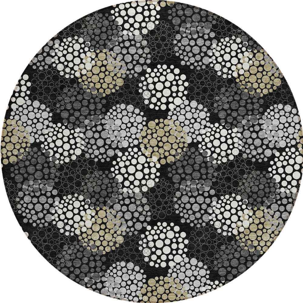 8' Black Gray And Ivory Round Polka Dot Washable Indoor Outdoor Area Rug