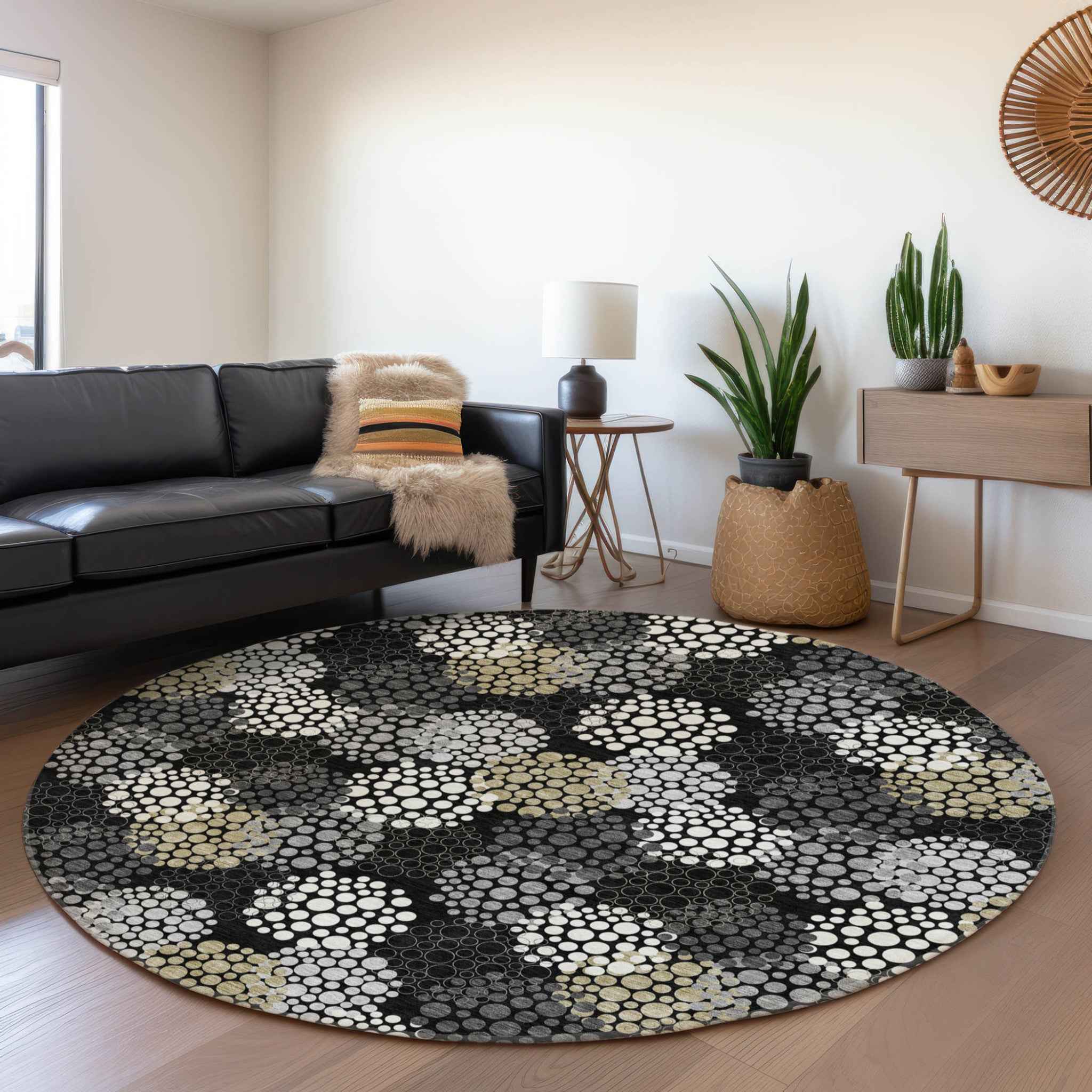 8' Black Gray And Ivory Round Polka Dot Washable Indoor Outdoor Area Rug
