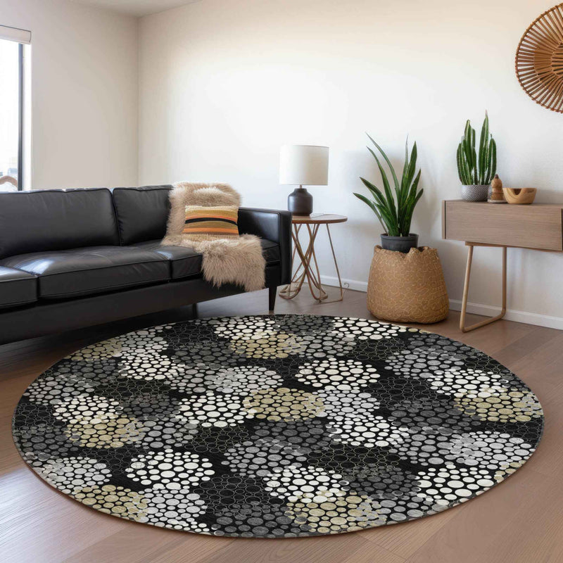 8' Black Gray And Ivory Round Polka Dot Washable Indoor Outdoor Area Rug