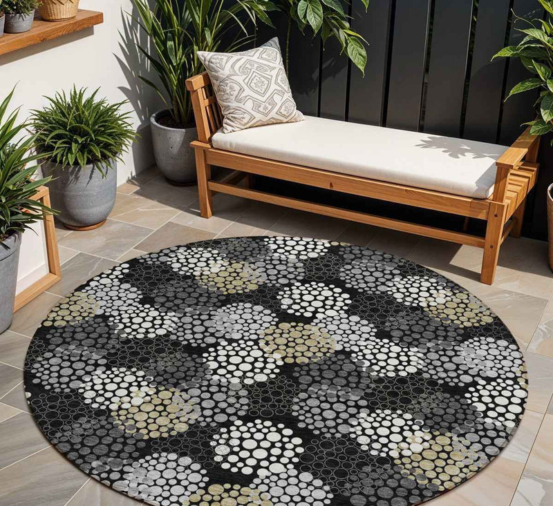 8' Black Gray And Ivory Round Polka Dot Washable Indoor Outdoor Area Rug